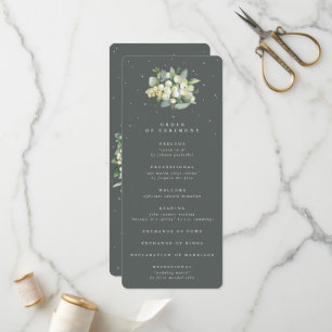 Elegant grön snöbärs + eukalyptusbrudbukett bröllo program