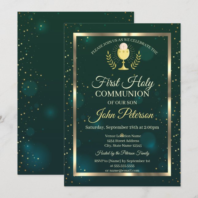 Elegant grön, stjärnor första kommunion inbjudningar (Fram/baksida)