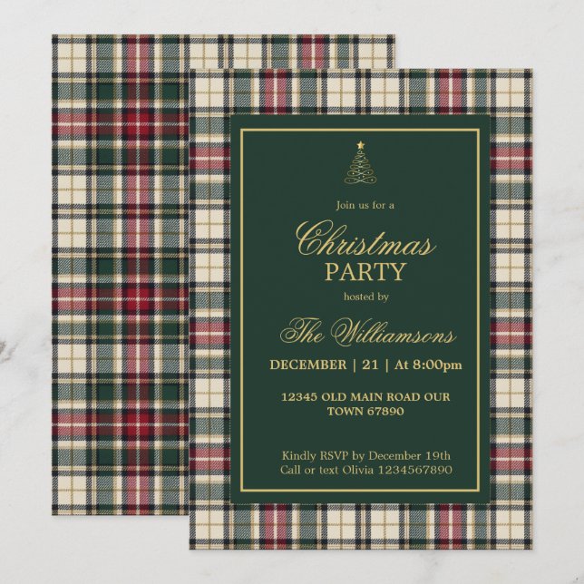 Elegant grön tartan guld skript julfest inbjudningar (Fram/baksida)