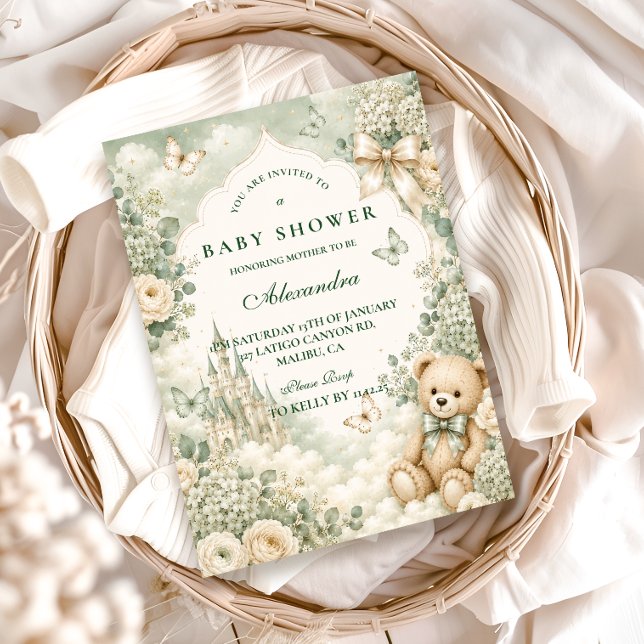 Elegant grön teddybjörn bebisshower inbjudningar (Skapare uppladdad)