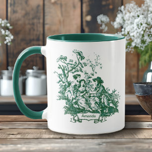 Elegant grön Toile de Jouy Vintage Monogram Mugg