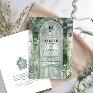 Elegant Grön Trädgård Vattenfärg Bröllopsmonogram Inbjudningar