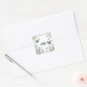 elegant grön vildblomma boho monogram i blom fyrkantigt klistermärke