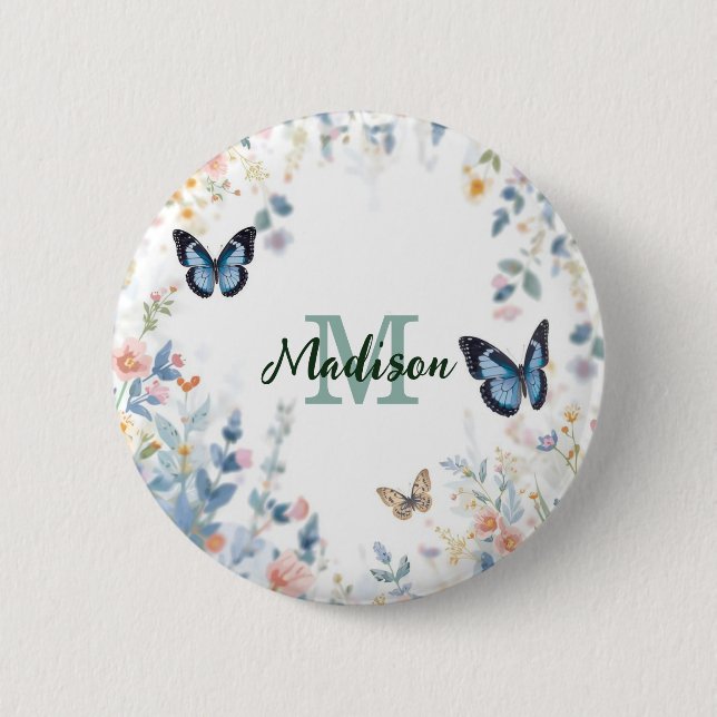 elegant grön vildblomma boho monogram i blom knapp (Framsida)