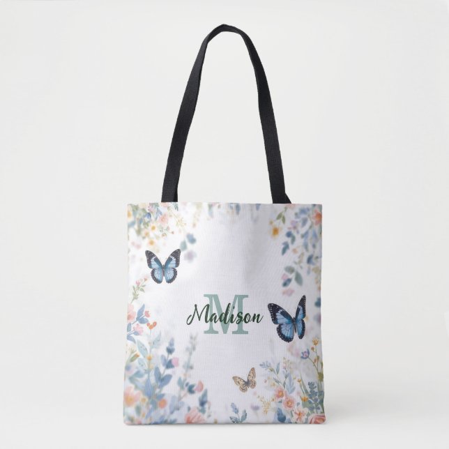 elegant grön vildblomma boho monogram i blom tygkasse (Framsida)