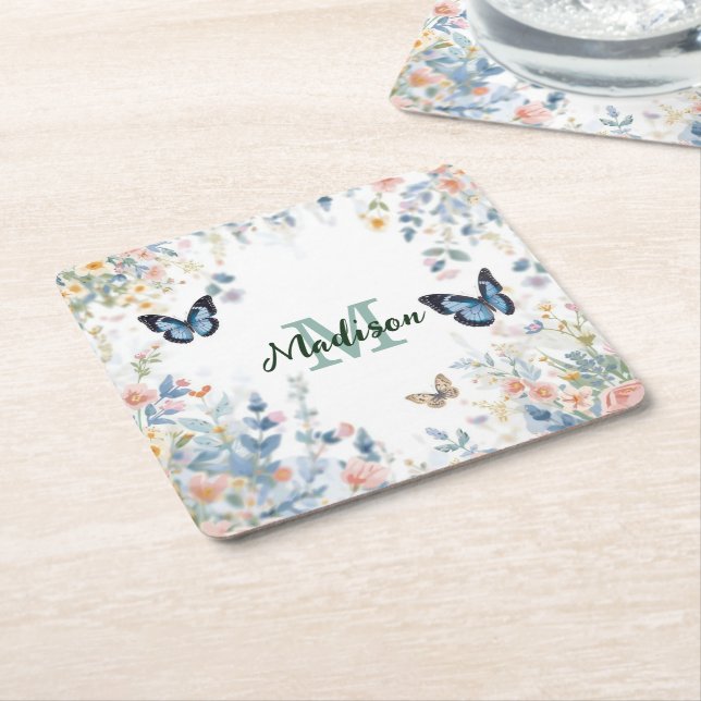 elegant grön vildblomma boho monogram i blom underlägg papper kvadrat (Vinklad)