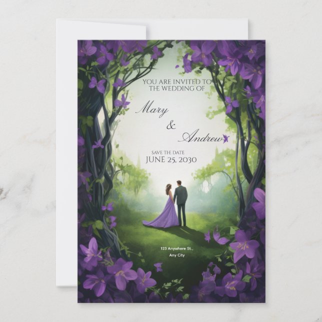 Elegant grön & violett bröllopsinbjudan inbjudningar (Framsida)