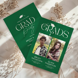 Elegant grön & vit gemensam examensfest foto inbjudningar