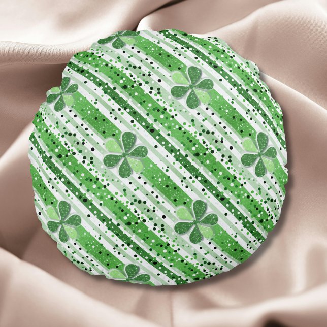 Elegant Grön Vit Randig Shamrock Glitter Rund Kudde (Skapare uppladdad)