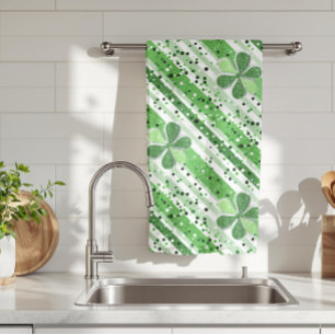 Elegant grön-vitrandig Shamrock-glitter Kökshandduk