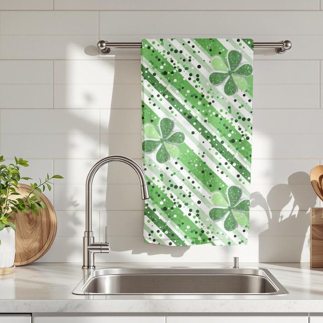 Elegant grön-vitrandig Shamrock-glitter Kökshandduk (Skapare uppladdad)