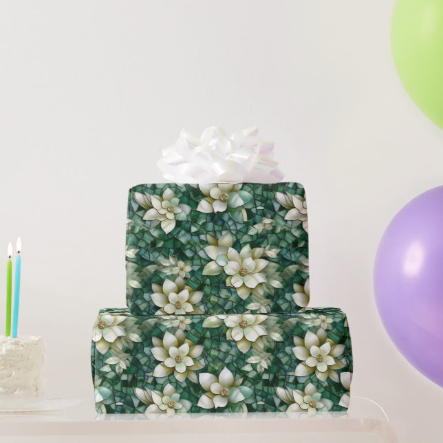 Elegant gröna och krämfärgade blommor i mosaikmöns presentpapper (Festgåvor)