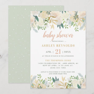 Elegant grönkrämfärgad blommig babyfest inbjudningar