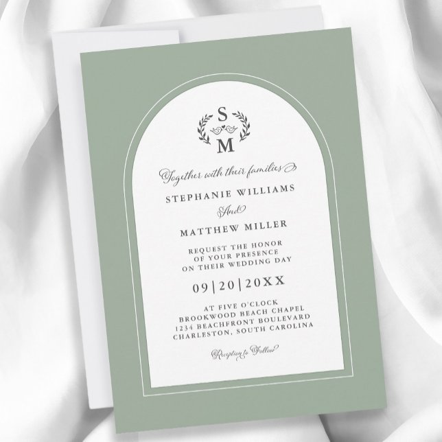 Elegant grönsalvia grön kalligrafi vapensköld valv inbjudningar (Elegant Sage Green Calligraphy Crest Arch Wedding Invitation)