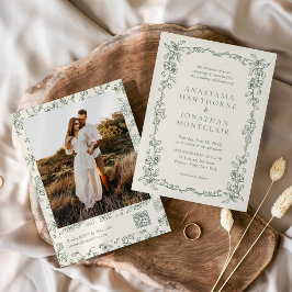 Elegant grönsalviafärg foto QR-kod Vintage bröllop Inbjudningar