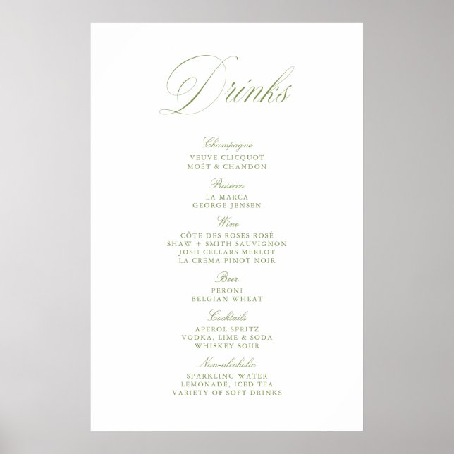 Elegant grönsalviagrön bröllopsdryckesbar meny pap poster (Framsidan)