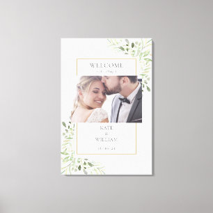 Elegant grönska bladfoto bröllop välkommen canvastryck