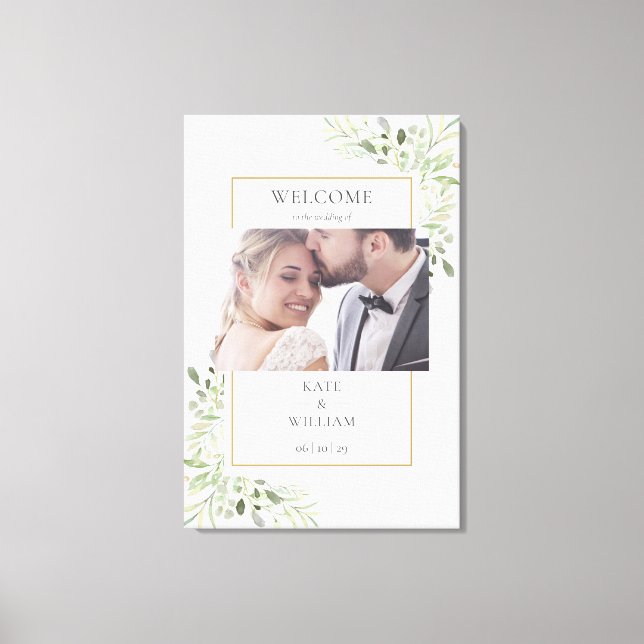 Elegant grönska bladfoto bröllop välkommen canvastryck (Framsida)
