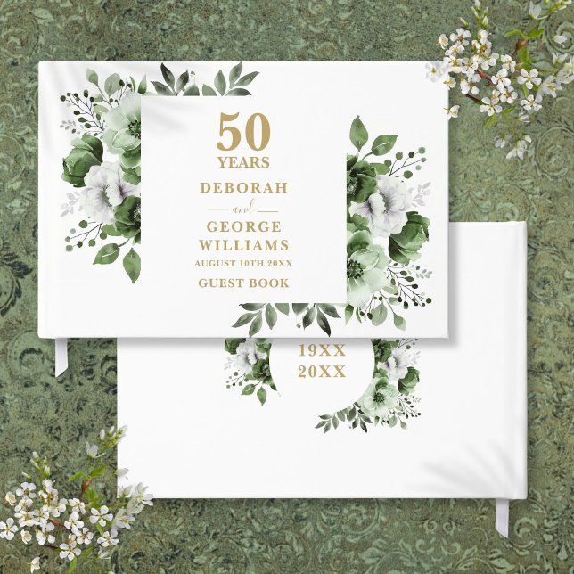 Elegant grönska Blommig 50-års bröllopsjubileum  Gästböcker (Elegant Greenery Floral 50th Wedding Anniversary Guest Book)