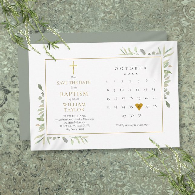 Elegant Grönska Blommig Dopceremoni Dop Spara Datumet (Elegant Greenery Floral Baptism Christening Save The Date)