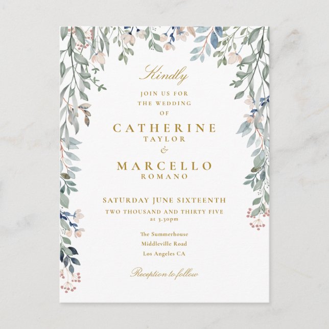 Elegant grönska blommig guld typografi bröllop inbjudan vykort (Framsida)