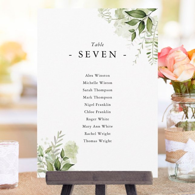 Elegant Grönska Blommig Placeringsplan Bordnummer Inbjudningar (Elegant Greenery Floral Seating Plan Table Number)