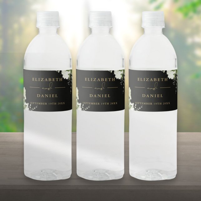 Elegant grönska blomster svart och guld bröllop vattenflaskor etikett (Elegant Greenery Floral Black And Gold Wedding Water Bottle Label)