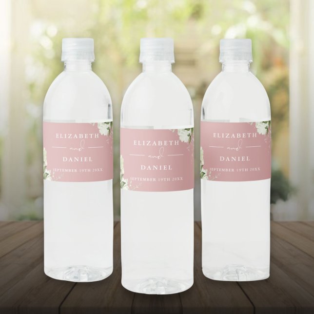 Elegant grönska blomstur dammig rosa bröllop vattenflaskor etikett (Elegant Greenery Floral Dusty Rose Wedding Water Bottle Label)
