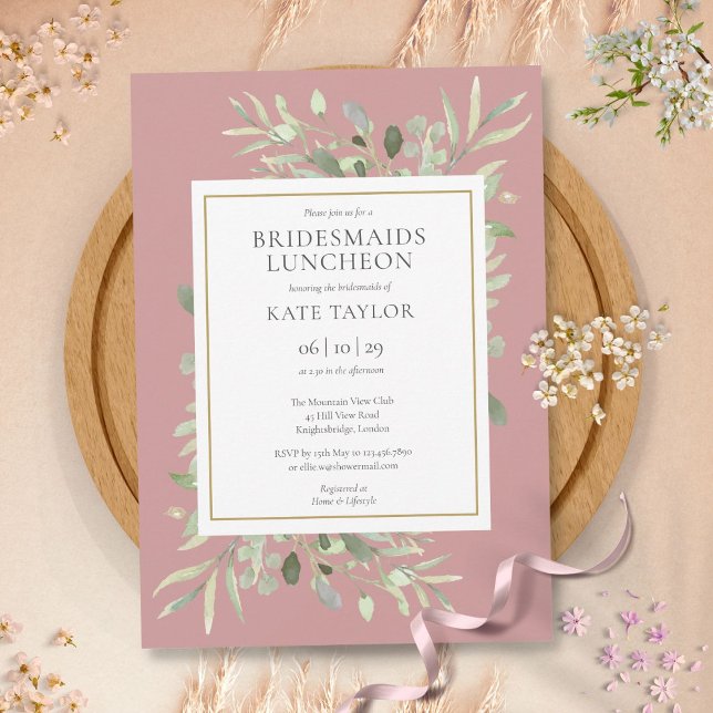 Elegant grönska dammrosa brudtjejlunch inbjudningar (Elegant Greenery Dusty Rose Bridesmaids Luncheon Invitation)