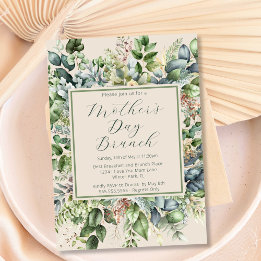 Elegant grönska Dämpade blommor Morsdagsbrunch Inbjudningar