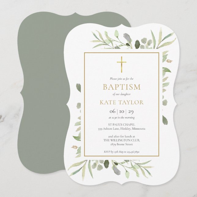 Elegant grönska dop namndag inbjudningar (Fram/baksida)
