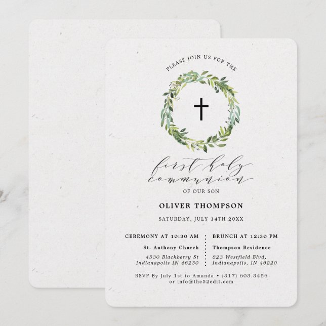 Elegant Grönska Eukalyptus Första Kommunionen Inbjudningar (Fram/baksida)