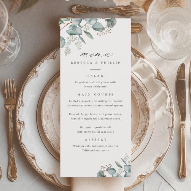 Elegant grönska Eukalyptus Watercolor Bröllop Meny (Elegant Eucalyptus Greenery Wedding Dinner Menus.)
