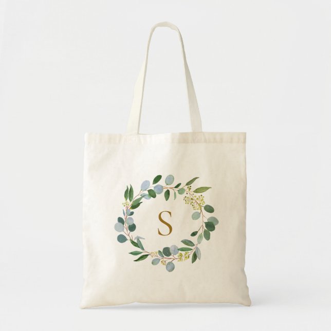 Elegant grönska Eukalyptusbladskrans Monogram Tygkasse (Framsidan)