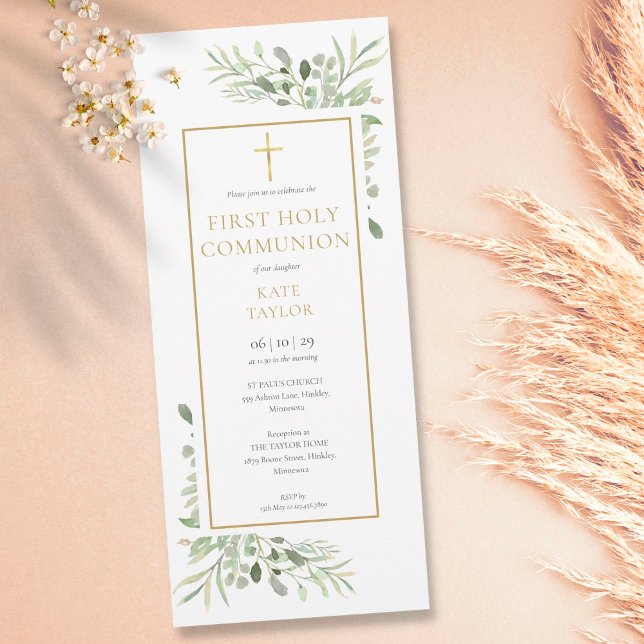 Elegant grönska första kommunion inbjudningar (Skapare uppladdad)
