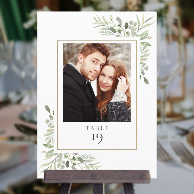 Elegant grönska Foto Bordskort (Elegant Greenery Photo Table Number)