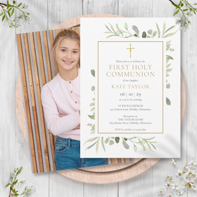 Elegant grönska Foto Första heliga kommunion  Inbjudningar (Elegant Greenery Photo First Holy Communion Invitation)