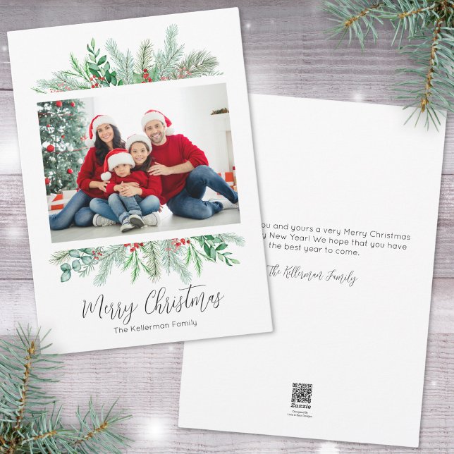 Elegant Grönska Foto God Jul Julkort (Elegant Greenery Photo Merry Christmas Holiday Card)