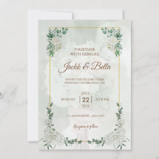 Elegant grönska Guld ram Bröllopsinbjudan Inbjudningar