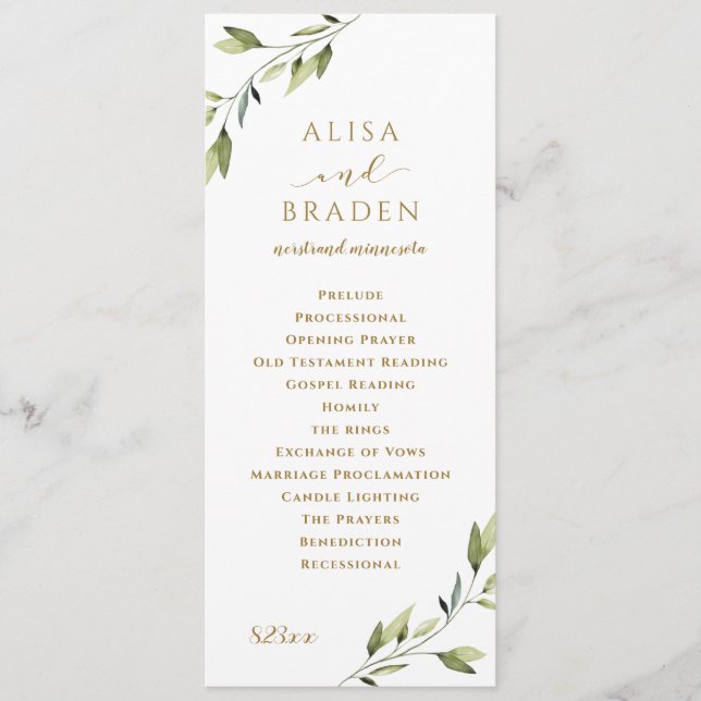 Elegant grönska & guld vattenfärg blad bröllop program (Framsida)