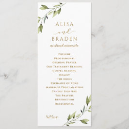 Elegant grönska & guld vattenfärg blad bröllop program