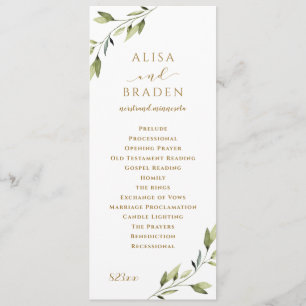 Elegant grönska & guld vattenfärg blad bröllop program