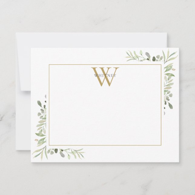 Elegant grönska Guldmonogram Anteckningskort (Framsida)