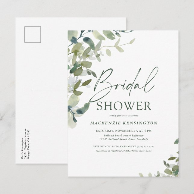 Elegant grönska handskriven bröllopsdusch för brud inbjudan vykort (Fram/baksida)