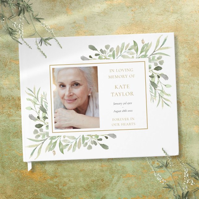 Elegant grönska i kärleksfull minne foto begravnin gästböcker (Elegant Greenery In Loving Memory Photo Funeral Guest Book)