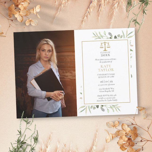 Elegant grönska juristexamen foto inbjudningar (Elegant Greenery Law School Graduation Photo Invitation)