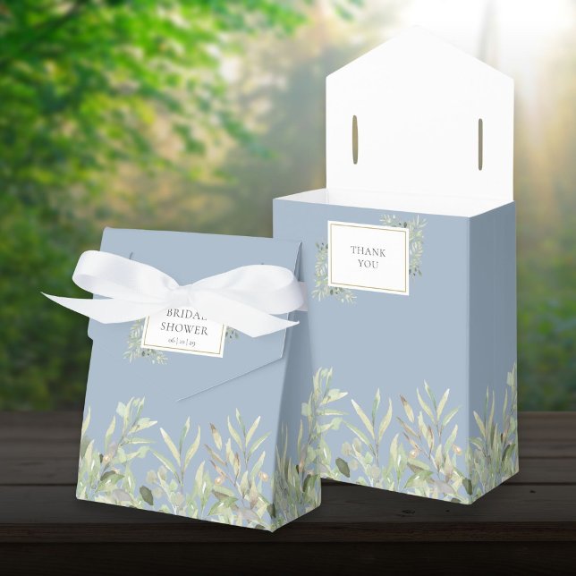 Elegant grönska löv bröllopsdusch dammig blå presentaskar (Elegant Greenery Foliage Bridal Shower Dusty Blue Favor Box)