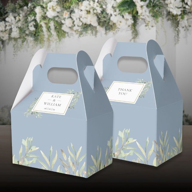 Elegant grönska löv dammig blå bröllop presentaskar (Elegant Greenery Leaves Dusty Blue Wedding Favor Boxes)