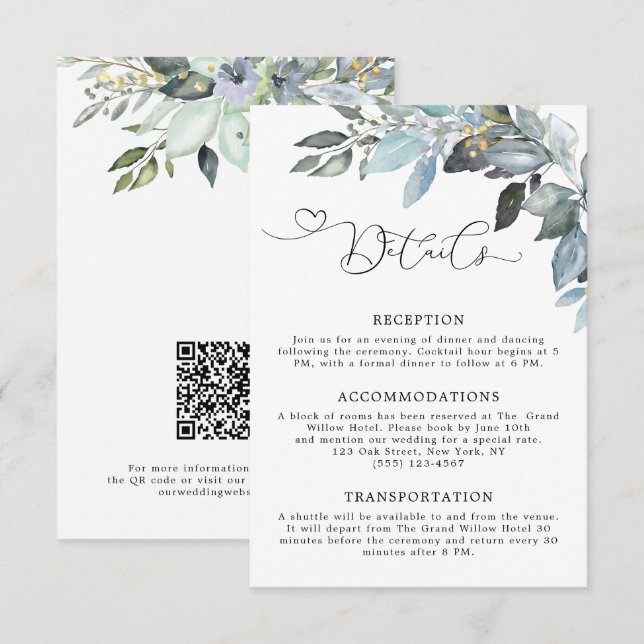Elegant Grönska Lövverk QR-kod Bröllopsdetaljer Tilläggskort (Fram/baksida)