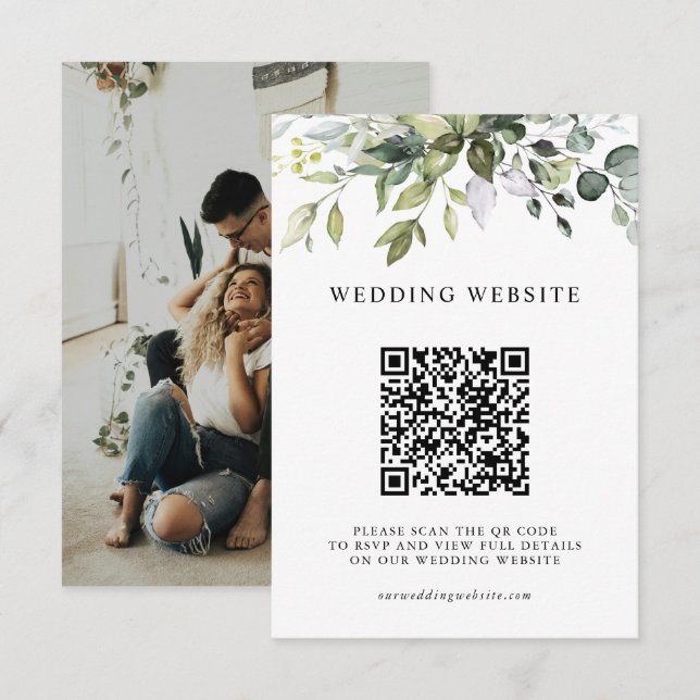 Elegant Grönska Lövverk QR-kod & Foto Bröllop Tilläggskort (Fram/baksida)